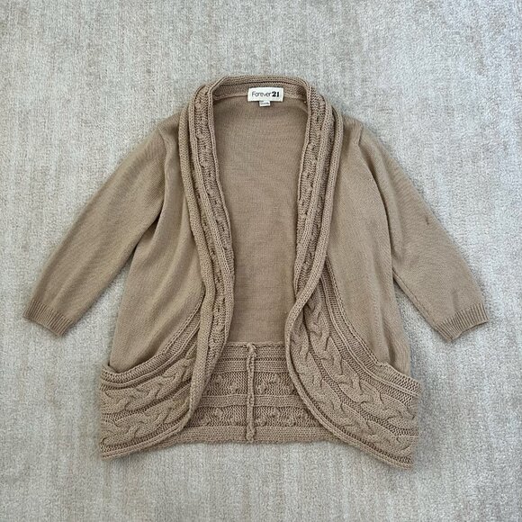 Forever 21 Chunky Cable Knit Tan Cardigan Sweater S - Picture 1 of 10